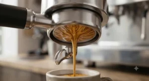 Espresso extraction visible through the base of a naked, bottomless portafilter. bottomless vs pressurised portafilter