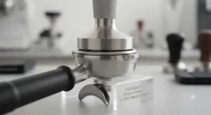 Diagram showing a precision-fit calibrated tamper sitting perfectly inside an espresso machine portafilter basket.