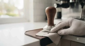 A person wearing protective gloves cleaning the base of a stainless steel espresso tamper with a cloth.