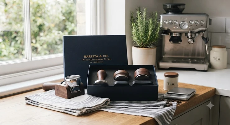 A stylishly organised coffee bar setup showcasing the complete tamper gift set and portafilter. coffee tamper gift set