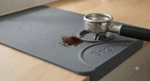 A tamping mat protecting a granite kitchen worktop from coffee grounds and portafilter scratches.