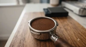 Comparison showing an uneven coffee bed versus a uniform puck achieved using a WDT tool for clumping coffee.