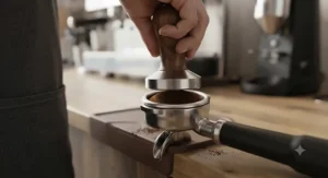 A barista using a tamper to level coffee grounds in a professional portafilter.