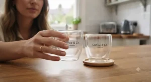 Someone holding a clear double-walled espresso cup comfortably by hand without a handle, showing it stays cool to the touch.