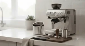 A tidy home coffee station featuring a small knock box and espresso accessories.