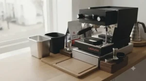 A compact, space-saving knock box placed neatly beside a portafilter, ideal for smaller worktops or busy coffee stations.