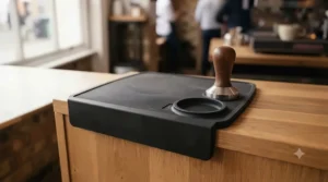 A corner-style tamping mat fitted over a kitchen worktop edge, ideal for saving space in smaller home coffee stations.