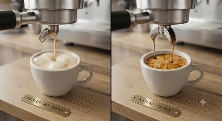 Visual difference between aerated foam in pressurised shots and natural crema. bottomless vs pressurised portafilter