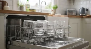Clean, crystal-clear double-walled glass espresso cups being loaded safely into a kitchen dishwasher.