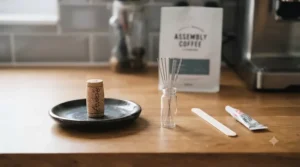 A detailed, photorealistic photograph of raw materials laid out on a warm oak worktop for assembling a Weiss Distribution Technique tool. The items include a single wine cork, a small glass vial containing ultra-fine acupuncture needles, a simple wooden coffee stirrer, and a small tube of superglue. The background shows the blurred Assembly Coffee bag and espresso machine.