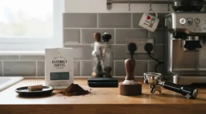 A candid, professional photograph of a home barista station on an oak worktop in a modern kitchen. On the left, a DIY cork WDT tool with needles rests on a ceramic tray next to a pile of coffee grounds and an Assembly Coffee bag. On the right, a premium walnut WDT tool and stand sit beside a bottomless portafilter locked into an espresso machine. The background features grey metro tiles and a window with natural light.