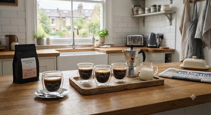 A sleek set of double-walled espresso cups on a wooden kitchen counter, keeping coffee hot in a British home. double walled espresso cups