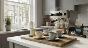 Clear double-walled glass espresso cups keeping a fresh shot of coffee warm without burning your fingers.