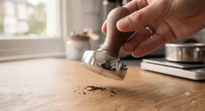 The sleek, brushed finish of a durable stainless steel espresso tamper under bright kitchen lighting.