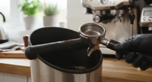 Close-up view of a high-quality rubberised knock bar designed to protect portafilter baskets.