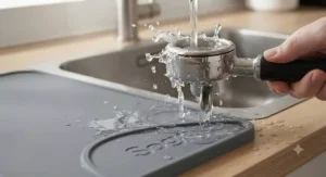 A Sage Barista Express tamping mat being rinsed under a kitchen tap to show its easy-clean properties.