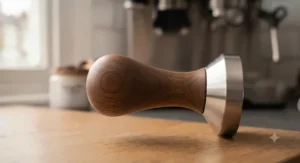 Side profile of an ergonomic espresso tamper handle, designed for comfortable pressure application.