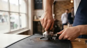 An ergonomic tamping mat reducing wrist strain during the espresso tamping process.
