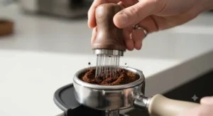 Ergonomic wooden handle design on the best Wdt tool for comfortable daily coffee preparation.