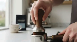 An ergonomic wooden espresso tamper held comfortably by a barista.