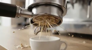 Close-up of espresso channeling occurring during a bottomless portafilter extraction.