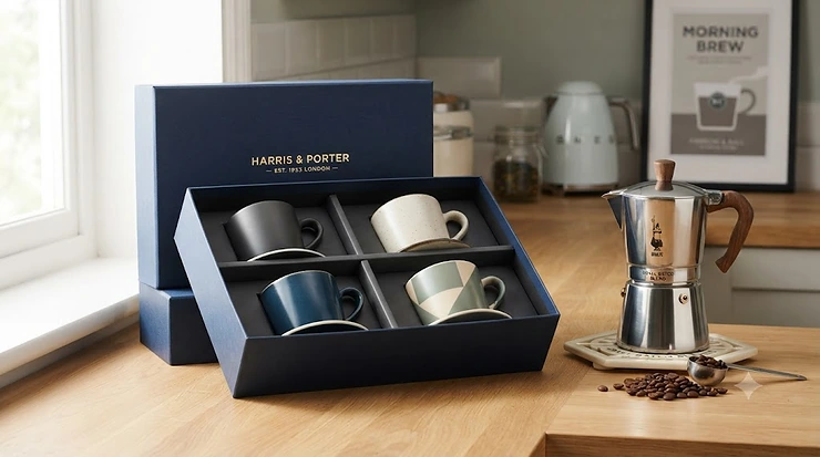 A luxury espresso cup gift set neatly arranged on a modern kitchen counter, making a thoughtful present for coffee lovers. espresso cup gift set