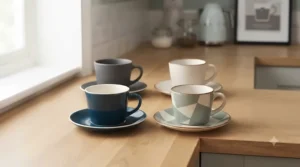 Matching cups and saucers included in a premium espresso cup gift set displayed on a wooden table.