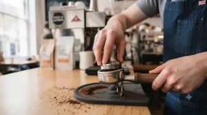 An espresso distributor tool resting on coffee grounds to create a flat, level surface.