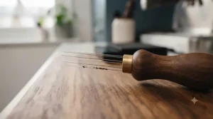 Detailed view of fine stainless steel needles on a WDT tool for clumping coffee preparation.