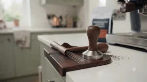Essential espresso tools showing a distribution tool next to a high-quality coffee tamper.