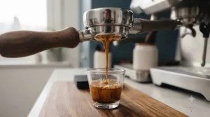 A smooth, even espresso extraction flowing from a bottomless portafilter prepared with a WDT tool for clumping coffee.