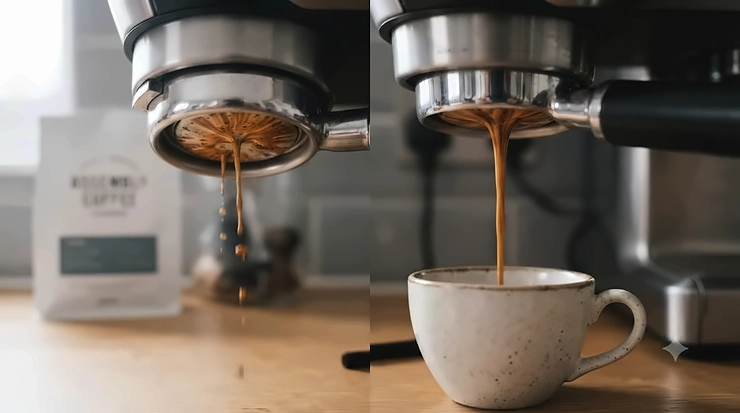 A high-definition macro photograph viewed from beneath a bottomless portafilter locked into the espresso machine. The image shows a side-by-side comparison of two espresso streams. On the left without WDT prep, the stream is uneven, spurting, and pale. On the right after WDT prep with the commercial tool, the espresso forms a single, thick, rich, caramel-coloured stream, flowing perfectly into a speckled ceramic cup. The background features the blurred Assembly Coffee bag and tiles. DIY WDT tool vs buying one