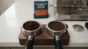 Side-by-side comparison of an uneven coffee bed versus a perfectly leveled espresso puck after using a distribution tool.
