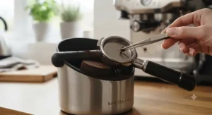 Used coffee puck falling cleanly into a small knock box after espresso extraction.