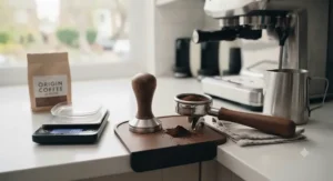 A complete home barista setup featuring an espresso tamper, digital scales, and a portafilter.