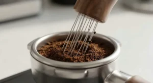 Close-up of ultra-fine stainless steel needles on the best Wdt tool for breaking up coffee clumps.