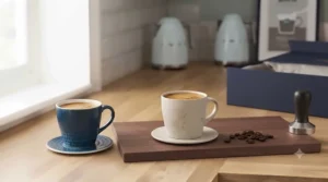 Freshly brewed rich coffee poured into a cup from a stylish espresso cup gift set.