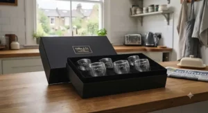 A luxury presentation box containing a matching set of double-walled espresso cups, ready for gifting.