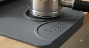Close-up of the textured, food-grade silicone surface of a tamping mat designed for the Sage Barista Express.