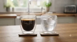 Steam rising from a hot espresso in a double-walled glass compared to a standard ceramic cup.