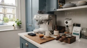 A complete home barista setup featuring a espresso machine, grinder, and WDT tool for clumping coffee.