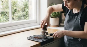 A home barista using a calibrated coffee tamper to compress grounds for a perfect espresso shot.