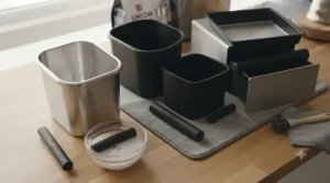 A clean, disassembled knock box showing the removable parts that make it easy to maintain and keep hygienic in your home kitchen.