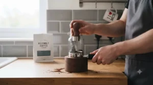 A macro photograph focused on a focused hand carefully inserting one of the fine acupuncture needles into the bottom face of the wine cork. The cork rests on the small, dark ceramic tray. The scene is set on the oak worktop, with the lighting and background elements matching the kitchen setup.