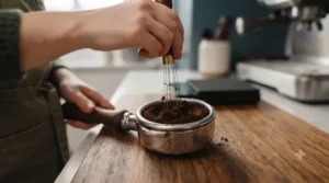 Demonstrating the correct circular stirring technique with a WDT tool for clumping coffee grounds.