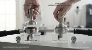 Visual comparison between a standard spring-loaded calibrated tamper and an impact-style espresso tamper.