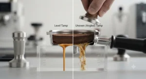 Side-by-side illustration comparing an uneven, angled coffee puck with a perfectly flat, levelled espresso puck.