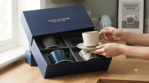 An unboxing view of an elegant espresso cup gift set packaged in a presentation box ready for giving.