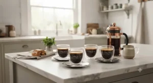 Minimalist double-walled espresso cups set out on a marble kitchen island alongside a cafetière and morning pastries.