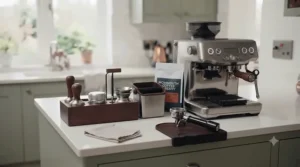 A complete espresso station featuring a machine, grinder, and dedicated coffee distribution equipment.